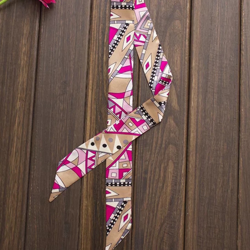 2pc Pink Tan Silk Scarf Bow Bandeau Purse Twilly